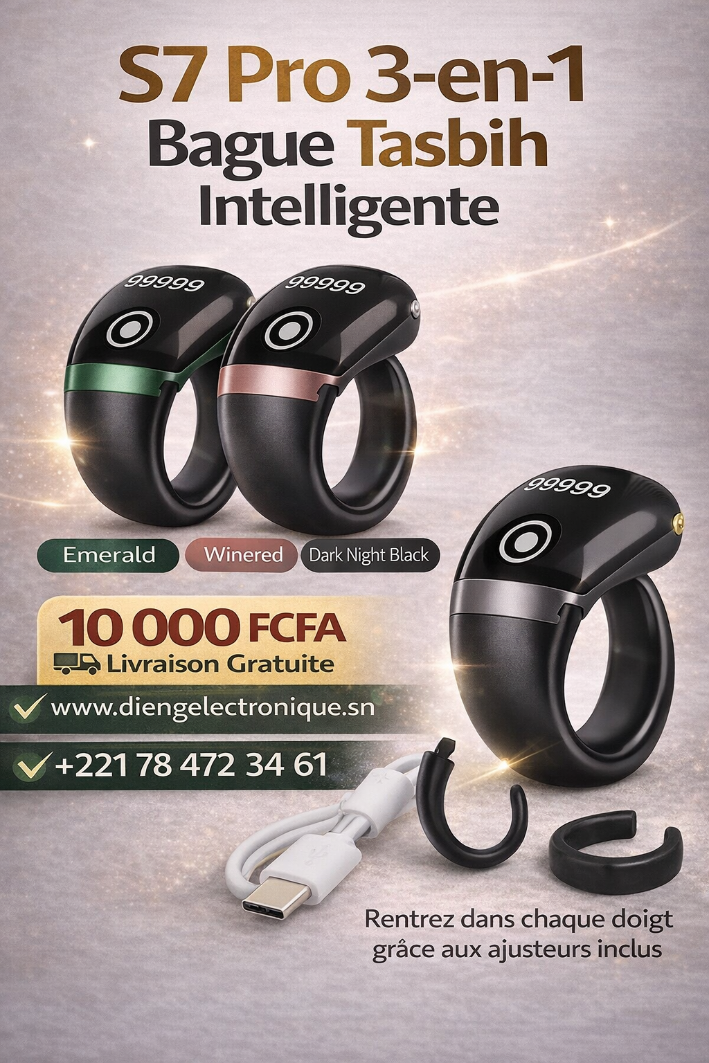 Bague intelligente tasbih 3 en 1 avec 3 anneaux