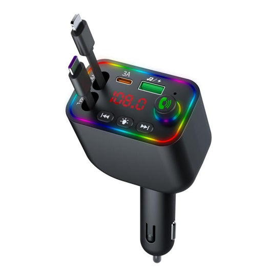 Chargeur de voiture avec câble rétractable intègré à charge rapide L4 , fonction Bluetooth émetteur FM intégré , lumière ambiante colorée